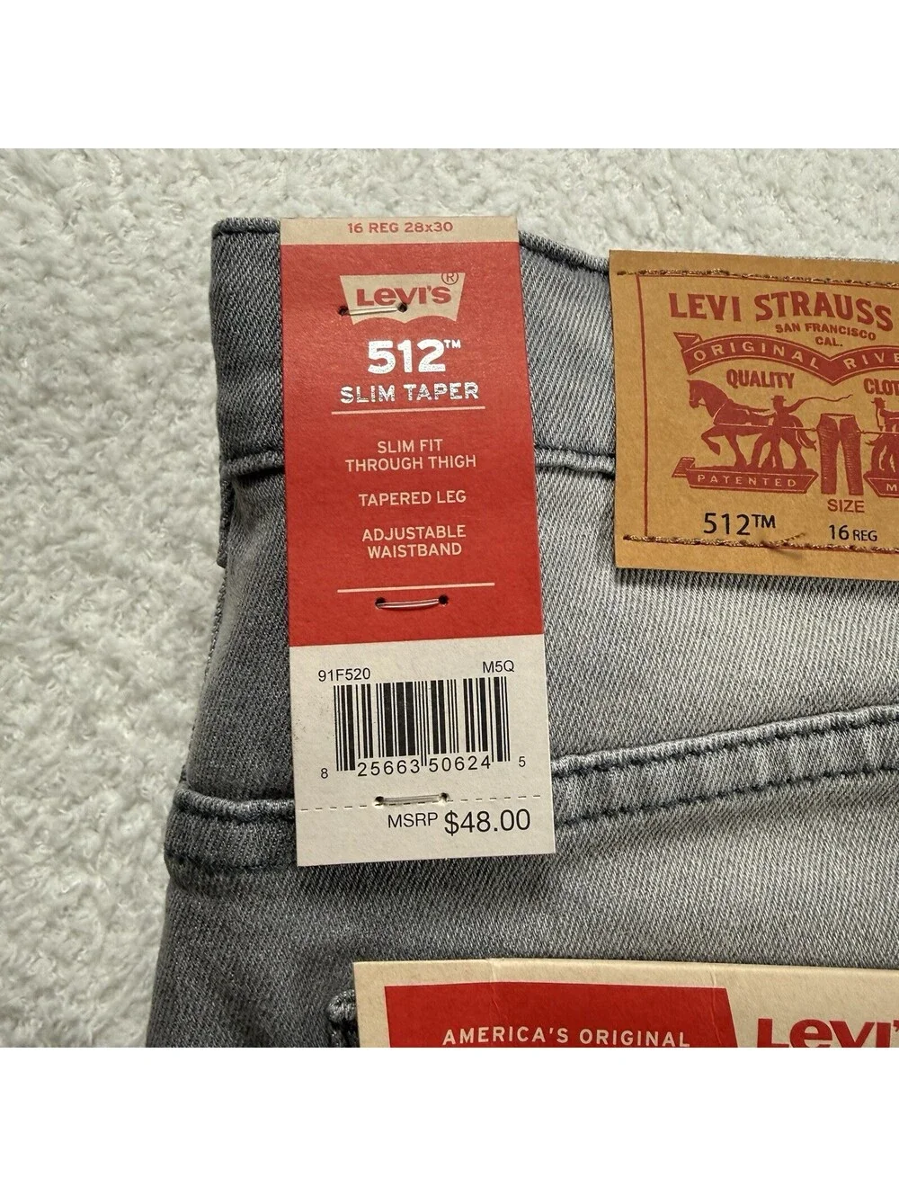 Levi’s 512 Slim Taper Jeans Boys 16 Reg 28x30 Gray Stretch NWT